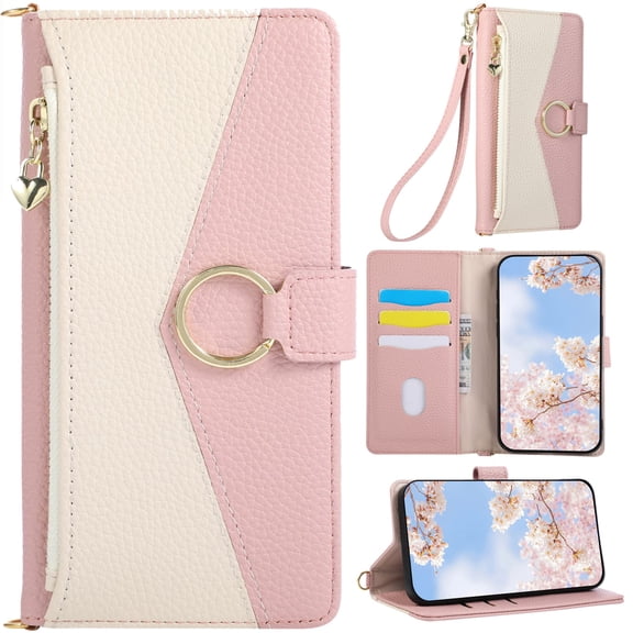 for Samsung Galaxy A17/A26 Pebbled Leather Phone Case Wallet Wristlet Zipper Candy Color Block Folio Flip Cover Kickstand, Card Slot Cash Holder, Magnetic Buckle Ring, Wrist Strap