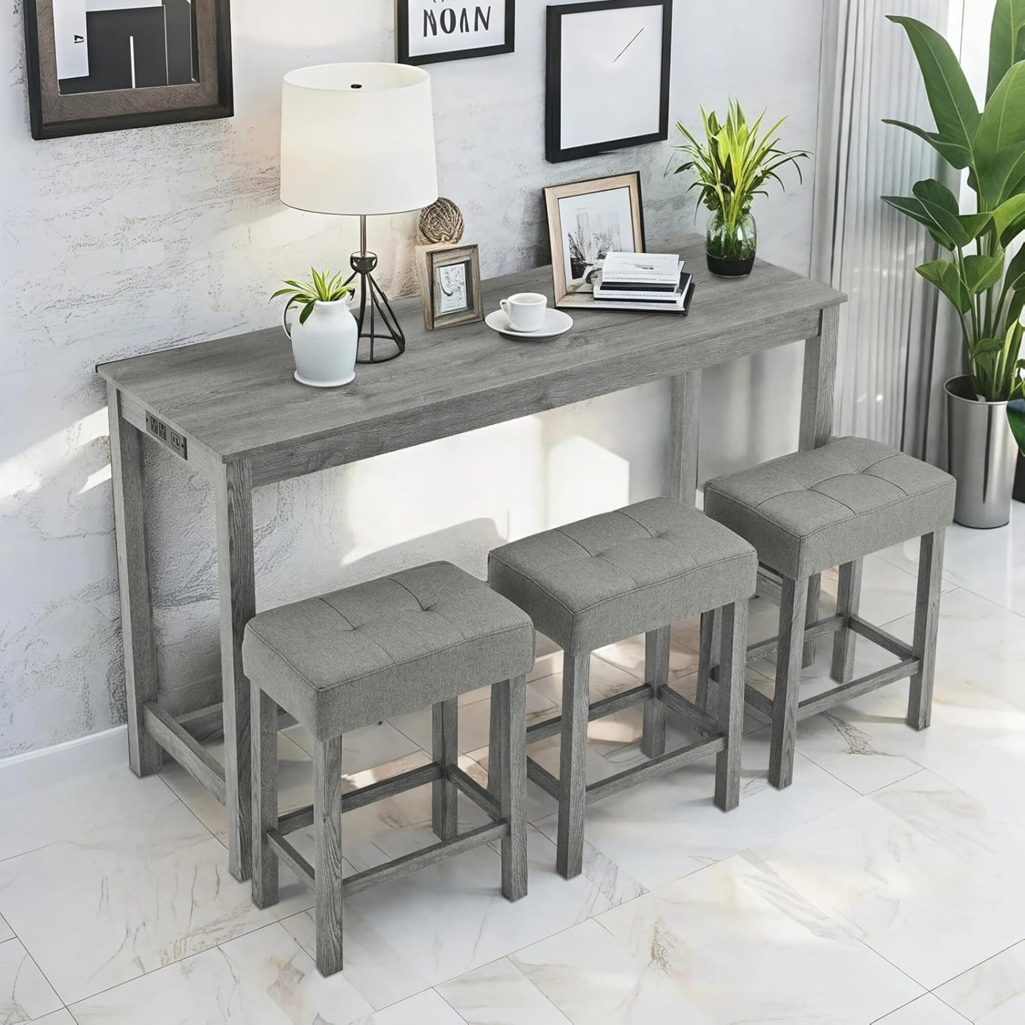 AENKYO 4-Piece Bar Table Set with Charging Station, 59" Counter Height Table and 3 Upholstered Stools for Small Space, Gray
