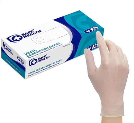 Safe Health Vinyl Exam Gloves, Box of 100, Disposable, Powder-Free, Latex-Free, X-Large, Clear SVF4C4-BX-XL