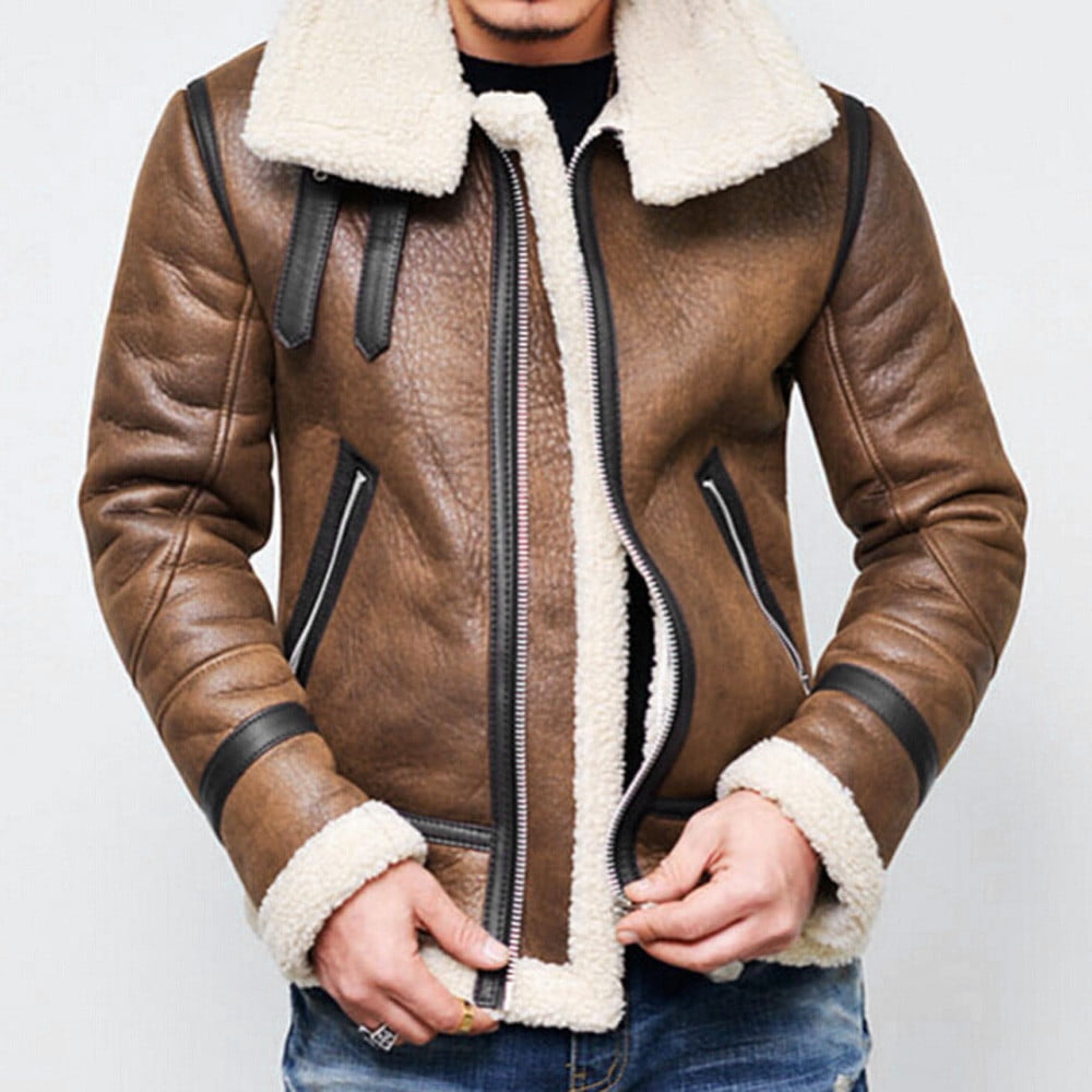 Mens Leather Jacket Mens Autumn Winter Highneck Warm Fur Liner Lapel Leather Zipper Outwear Top Coat 