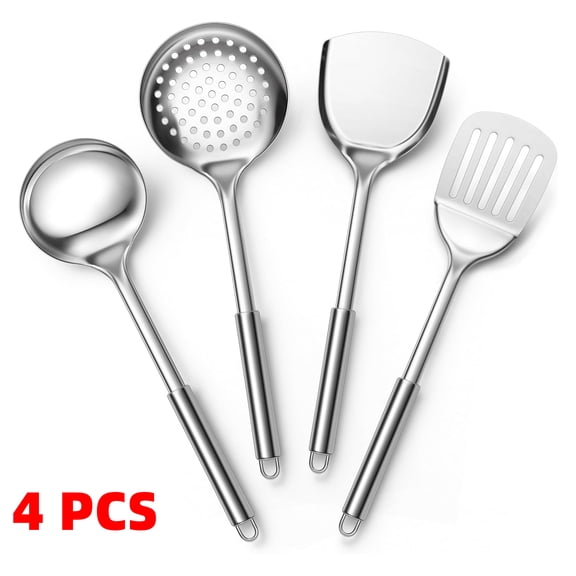 Stainless Steel Cooking Utensils, 4pack Heat Resistant Kitchen Utensils Set, Non-toxic Metal Kitchen Tools Spatulas Set Including Soup Ladle, Slotted/Solid Turner, Skimmer, Dishwasher Safe