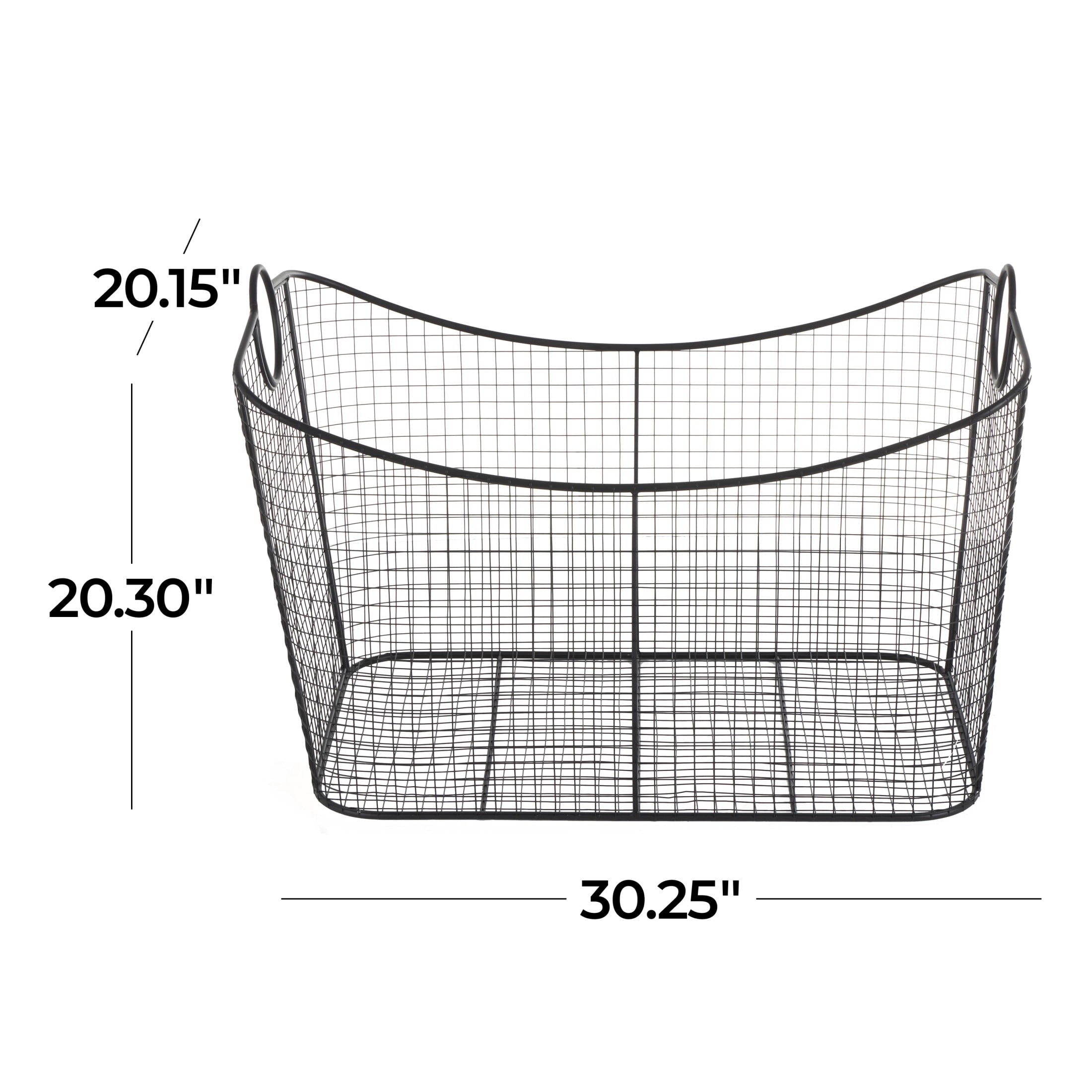 DecMode 30" x 20" Black Metal Large Open Frame Wire Grid Storage Basket with Curved Sides and Ring Handles, 1-Piece