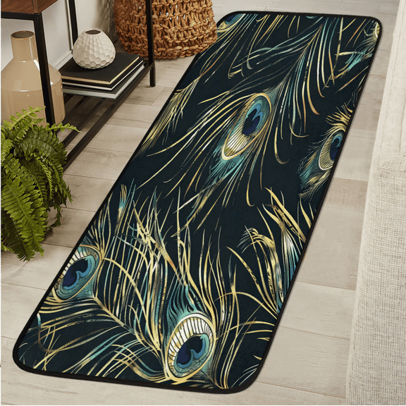 CURLYOOT Peacock Runner Rug 2'x6' Washable Kitchen Runner Rug Indoor Non Slip Laundry Rugs Peacock Feather Floor Carpet for Hallway Kitchen Entryway Bedroom Living Room