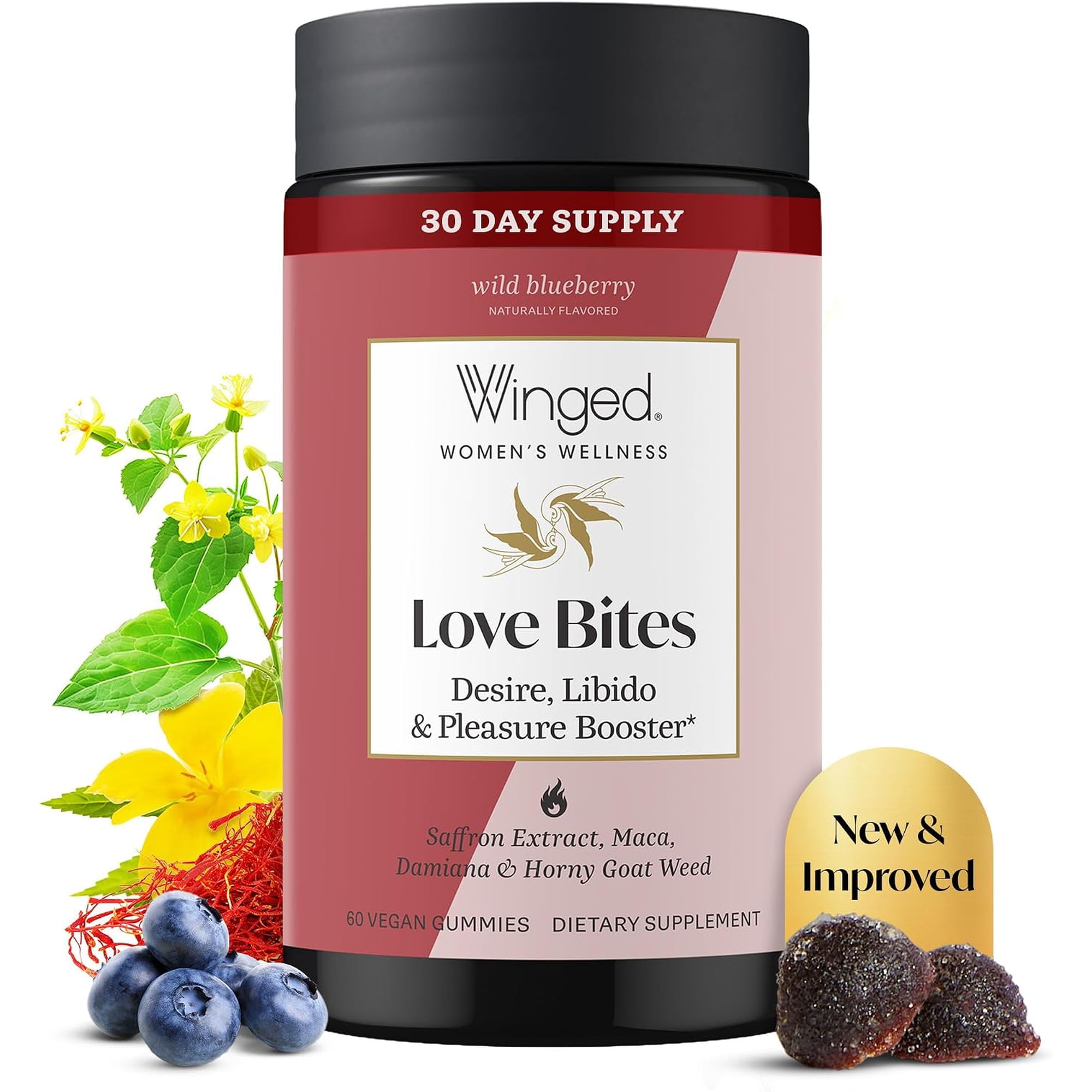 Winged Wellness Love Bites, Libido Booster for Women with Maca Root - Libido & Pleasure Boost with Goat Weed Damiana - Wild Blueberry, 60 Vegan Gummies