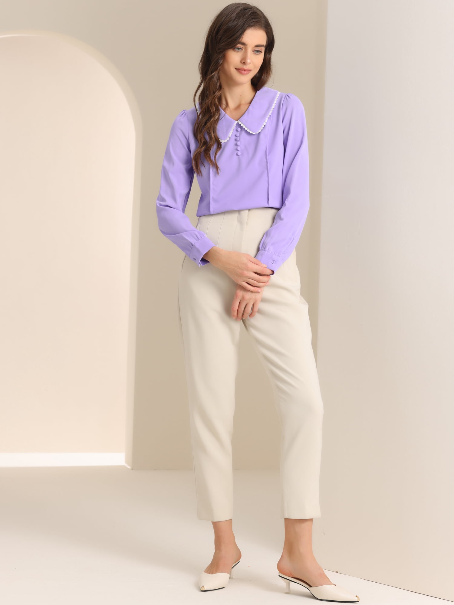 DARING DIVA Women's Peter Pan Collar Button Chiffon Blouse M Light Purple