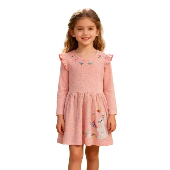 School Uniforms for Girls Ruffle Long Sleeve Crew Neck Cartoon Print Dress Back-To-School Girls Dresses 2 Years