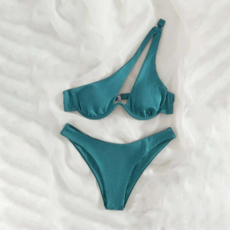 Fatuov Bikini Set for Women One Shoulder Strap Summer High Waist Bikinis with Steel Solid Color Bathing Suit Blue
