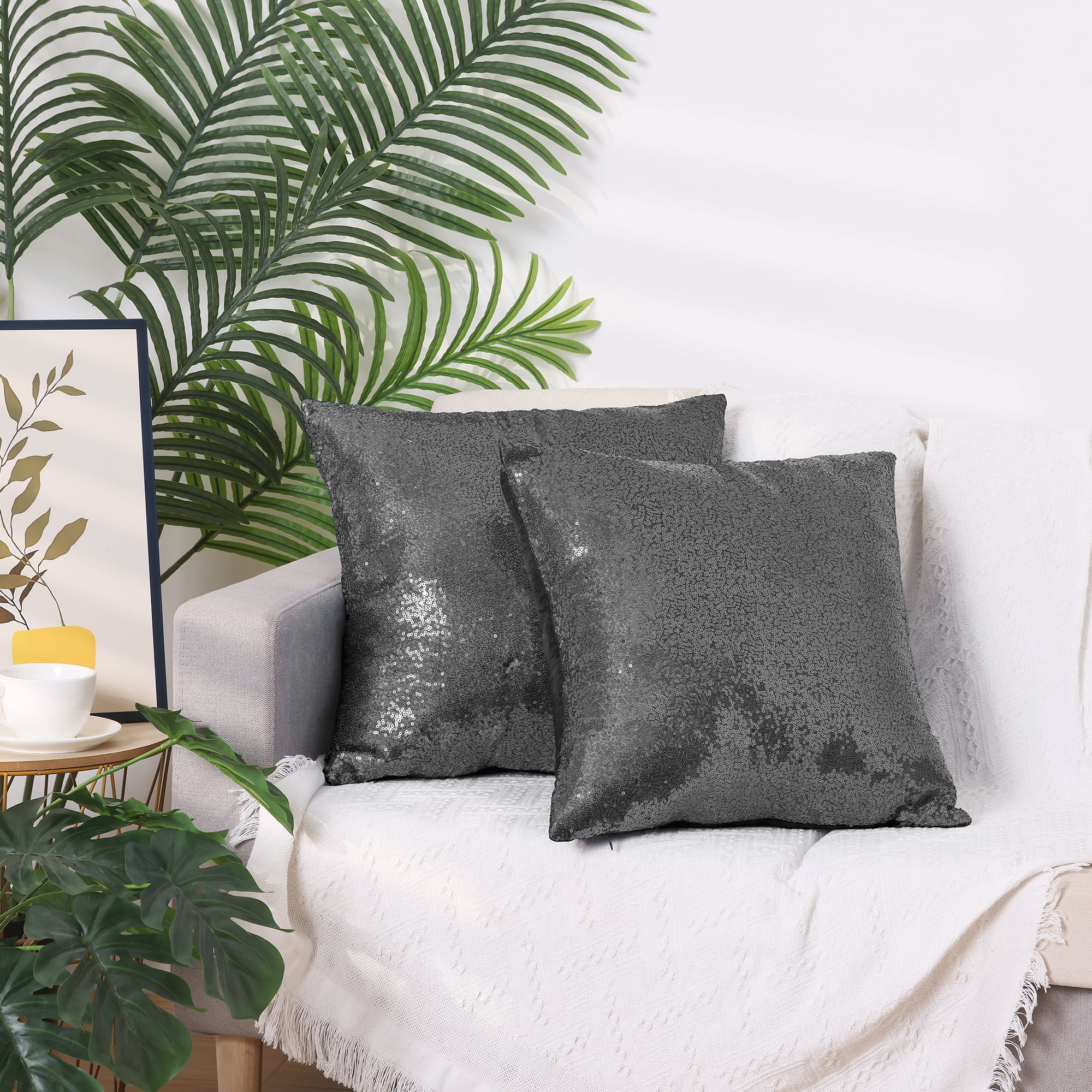 Unique Bargains Sequin Throw Pillow Covers 2 Glitter Decorative Pillow Cases Cushion Cover Gray 18" x 18"