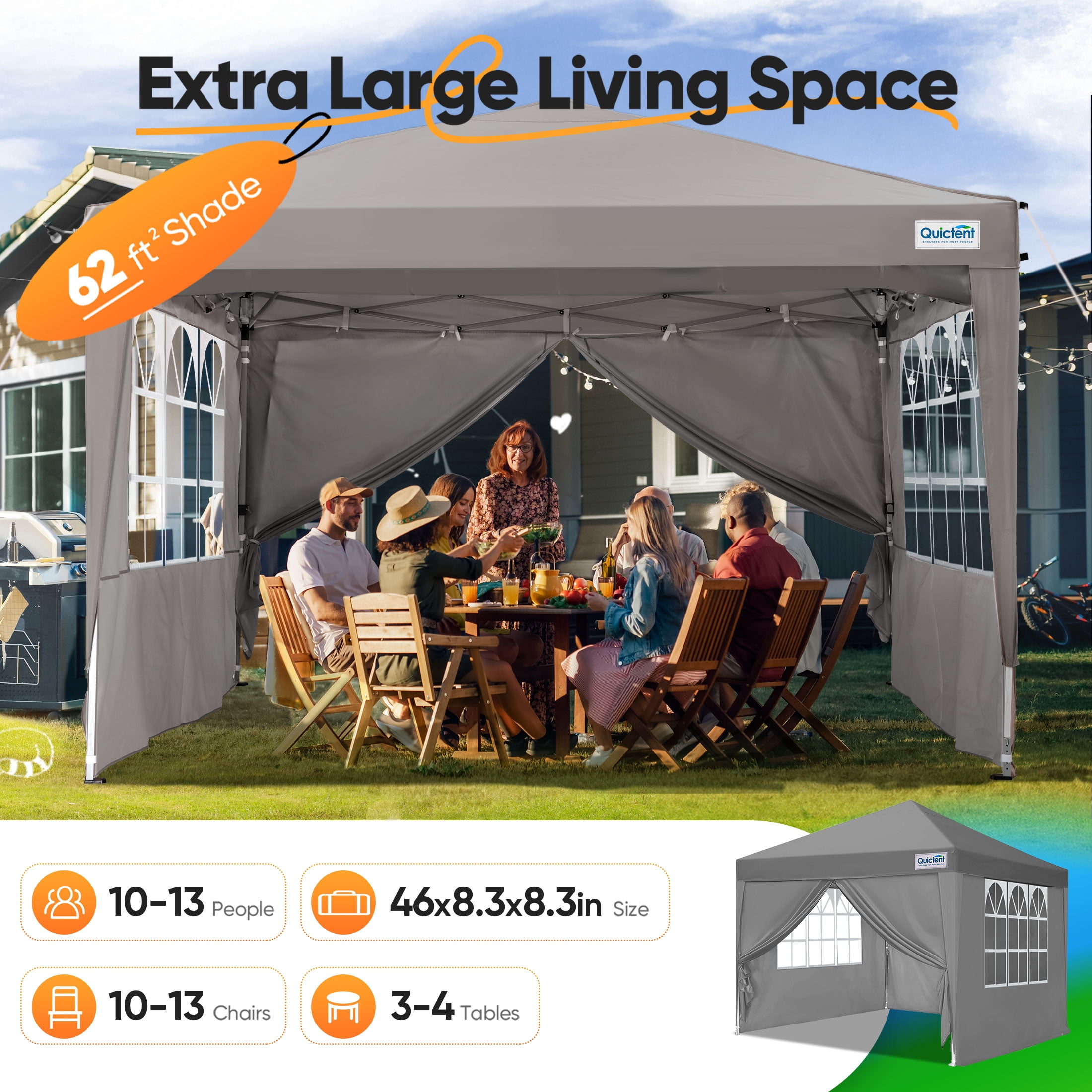 Quictent 7.8x7.8 FT Pop Up Canopy Tent Adjustable Height Instant Portable Shelter with Carry Bag & Church Windows, Waterproof Oxford Fabric Anti-UV, Gray