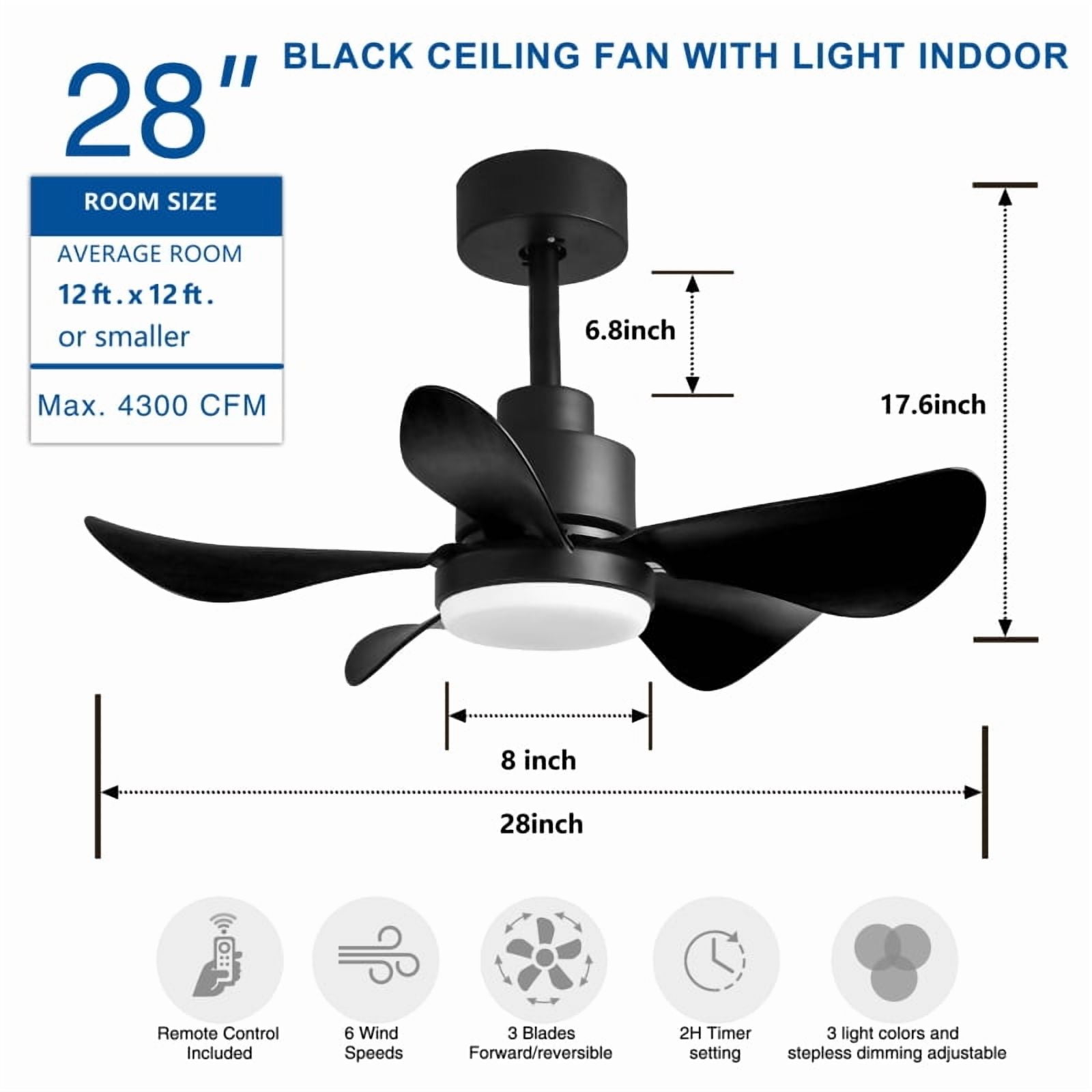 Acpouw 28' Ceiling Fans with Lights and Remote/APP Control, Low Profile Ceiling Fans with 5 Reversible Blades 3 Colors Dimmable 6 Speeds Ceiling Fan for Bedroom Kitchen
