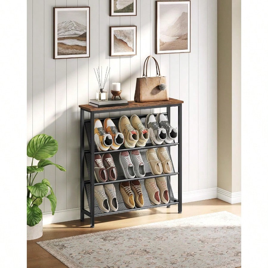 Shoe Rack 4Tier Slanted Shoe Storage Shelf Narrow Shoe Rack For Entryway Shoe Organizer With Adjustable Feet Slim Shoe Shelf With Wooden Top And Metal Frame Rustic Brown And Black TXJ75BF