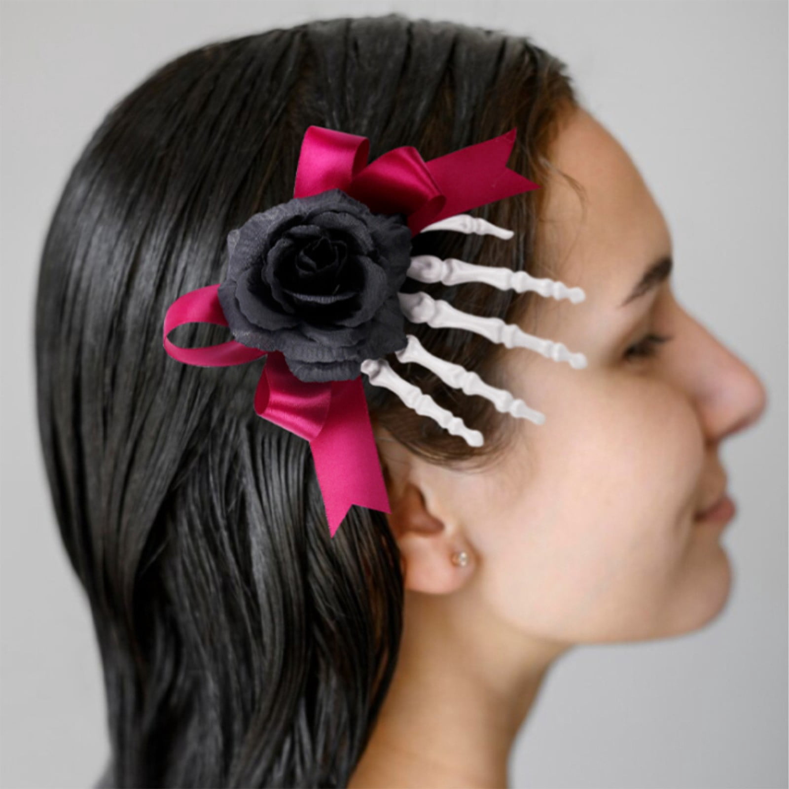 RoamHome Halloween Skeleton Hand Hair Clip with Rose Bow, Gothic