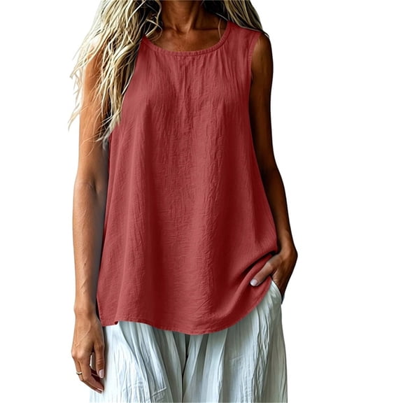 CHUMUD Women's Cotton Linen Tank Top, Sleeveless Crewneck Pullover, Side Slit Casual Summer Blouse, S-2XL