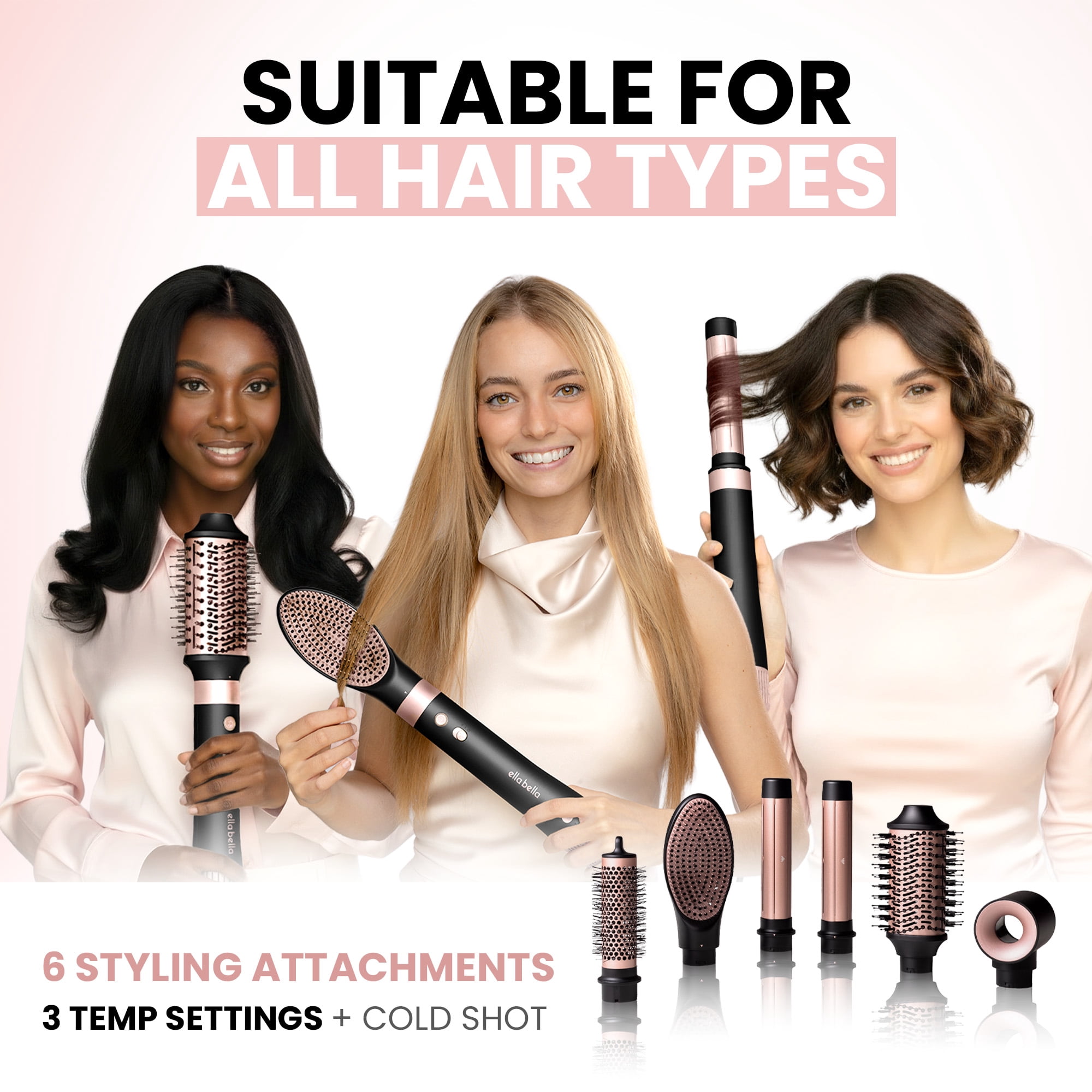 ELLA BELLA® 6 in 1 Professional Hot Air Styler • Powerful Hair Dryer & Straightener Set • Fast Drying Curling Volumizing Straightening Styling • Includes Protective Travel Case (Black & Rose Gold)