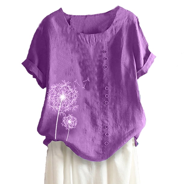 Gibobby Camisa De Invierno Camiseta de mujer con estampado casual de manga corta con cuello en O y blusa superior de talla grande(Morado, XXXL)