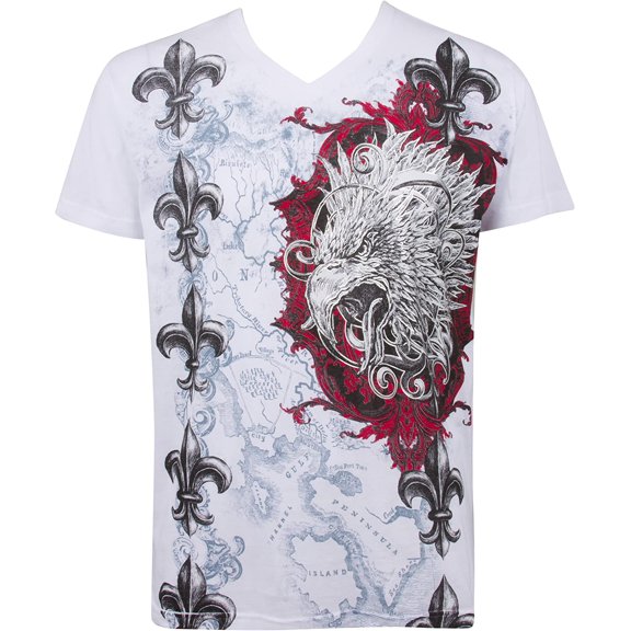 Sakkas Eagle Head Metallic Silver Embossed Short Sleeve V-Neck Cotton Mens Fashion T-Shirt - White - 2XL