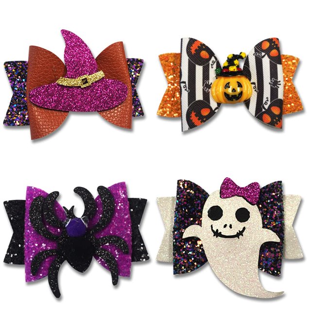 Hying 4 pinzas para el pelo con purpurina para Halloween, para niños, bebés, niñas, fantasma, calabaza, pajarita, horquillas para niños, decoraciones de Halloween, accesorios para el pelo