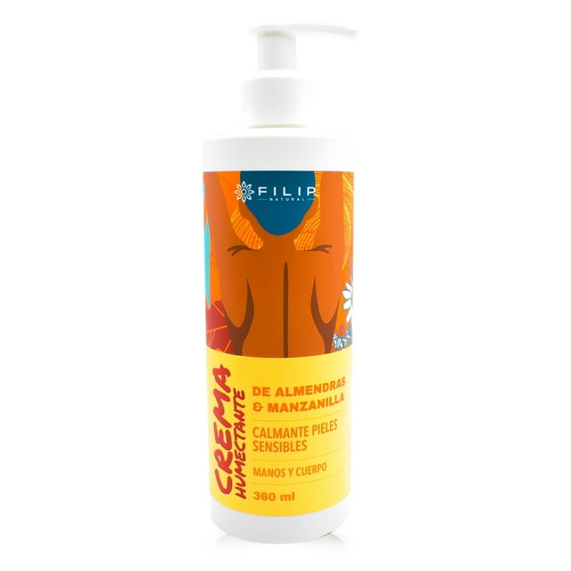 FILIP NATURAL, Crema Humectante De Almendras Y Manzanilla, Extracto De Manzanilla, Aceite De Almendras Dulces, Auxiliar En Pieles Irritadas Y Sensibles, Piel Seca, Piel Con Quemaduras, 360ml.