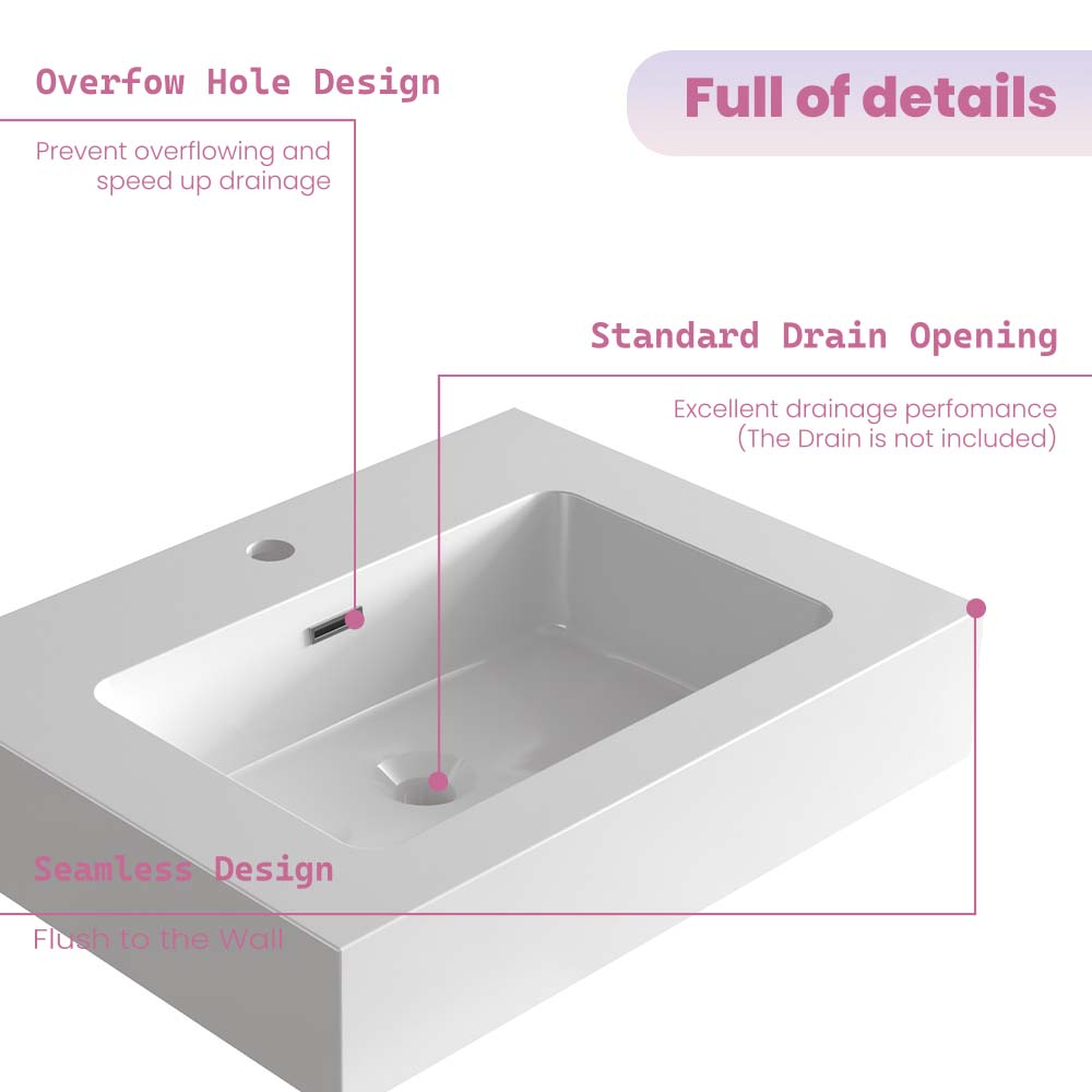 CITTANEO Glossy White Solid Surface Integrated Sink - Vessel Bathroom Vanity Basin Without Drain or Faucet - Seamless Non-Porous Design