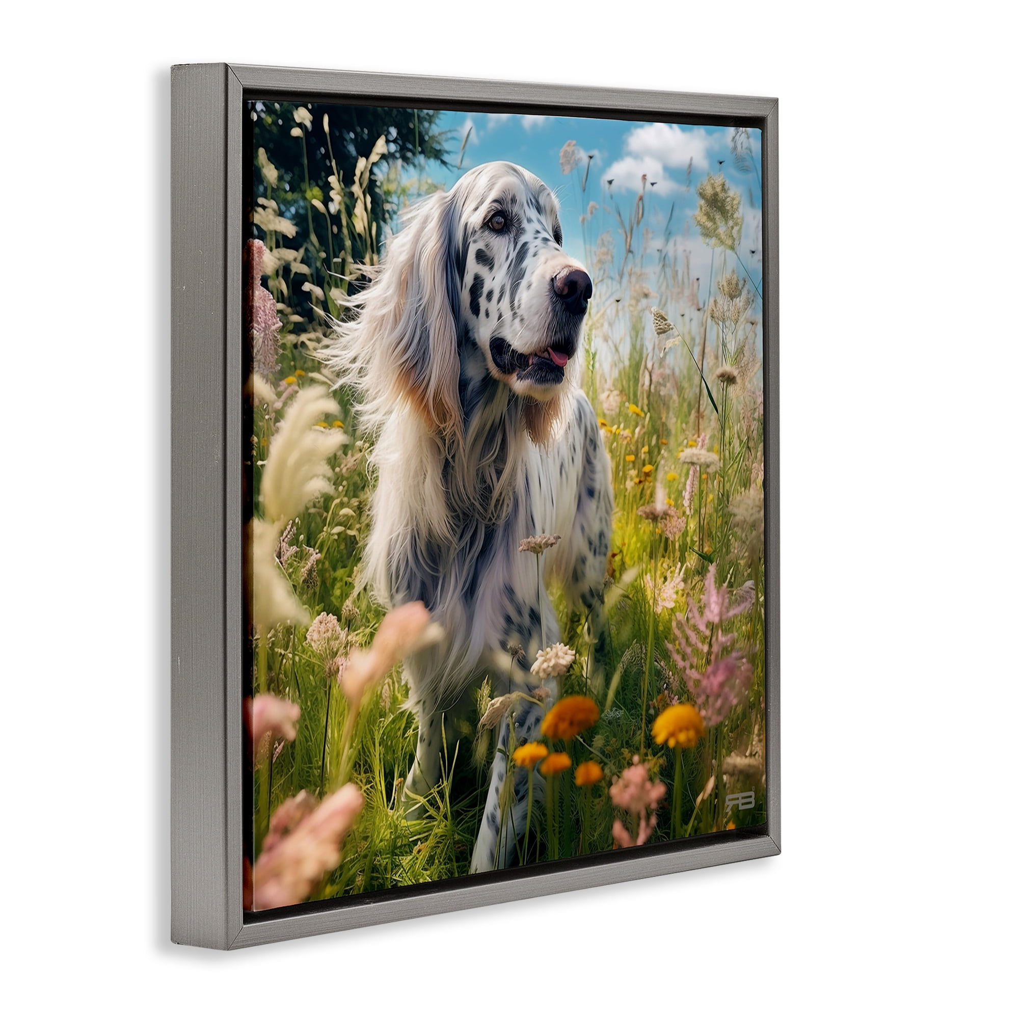 Stupell Industries Happy Dog Among Flowers Landscape Painting Gray Floater Framed Canvas Art Print Wall Art, 25 x 25