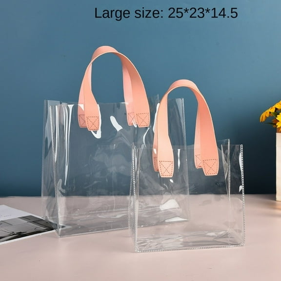 High Quality Brand New Transparent  PVC Waterproof Storage Bag Hand Gift Bag Clear Tote Bag Transparent Shopping Bags L LARGE PINK