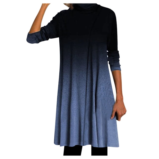 Femmes Robe Filles Genou Longueur Robes Impression Manches Patchwork Robe Dame O-Cou Long Col Roulé Femmes Femmes Robe Adulte Vêtements Féminins Bleu Taille L