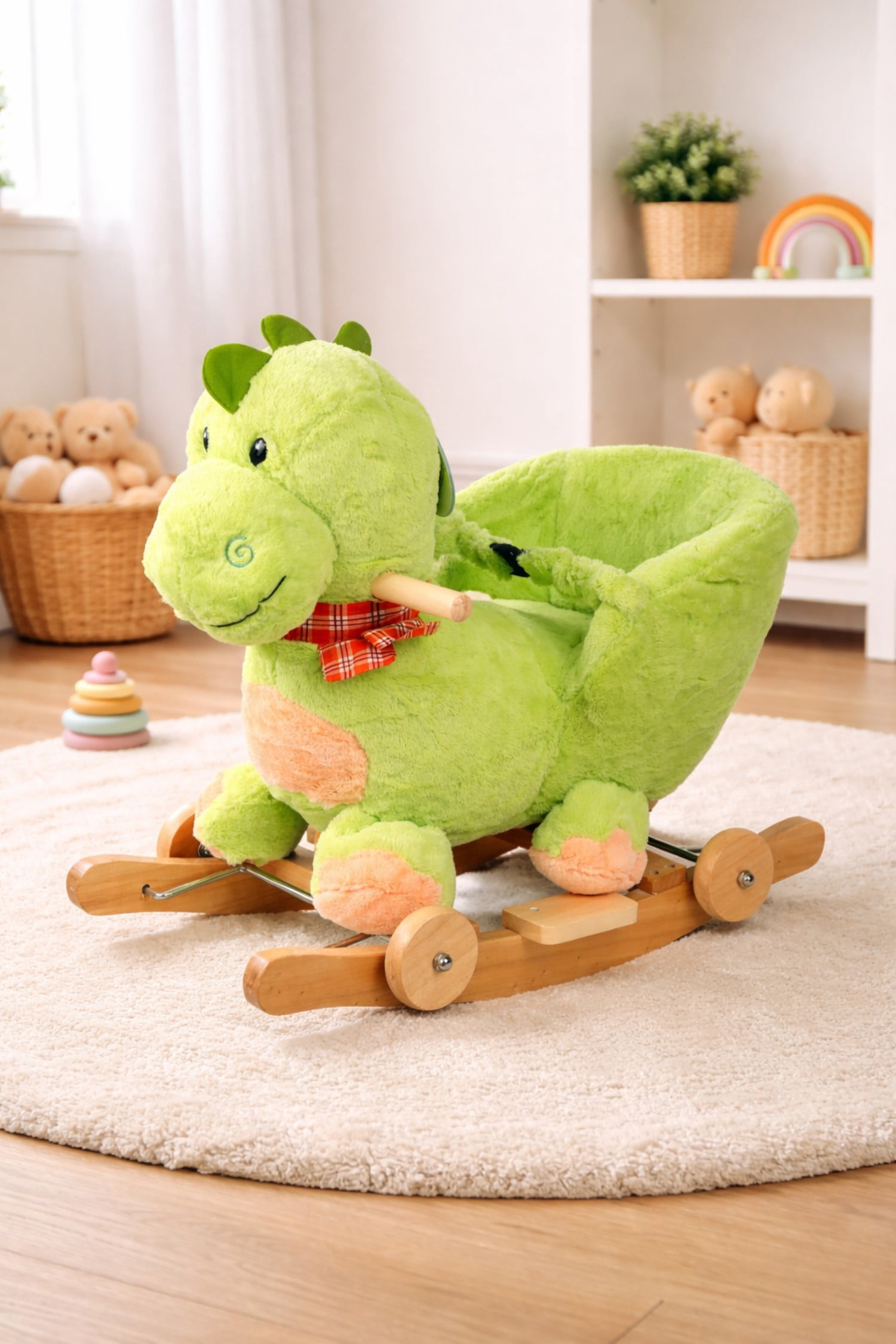 PonyLand Dino Rocking Chair with Wheels and Music, Green for Kids 18 Months and up