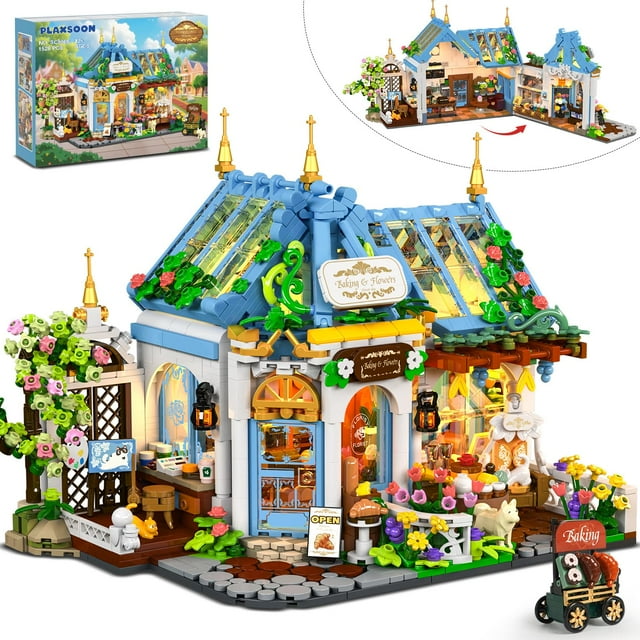 PLAXSOON Flower Café House Building Set with LED, 1520 PCS Botanical Coffee Architecture with Openable Design, Floral Bakery Construction Model for Hom