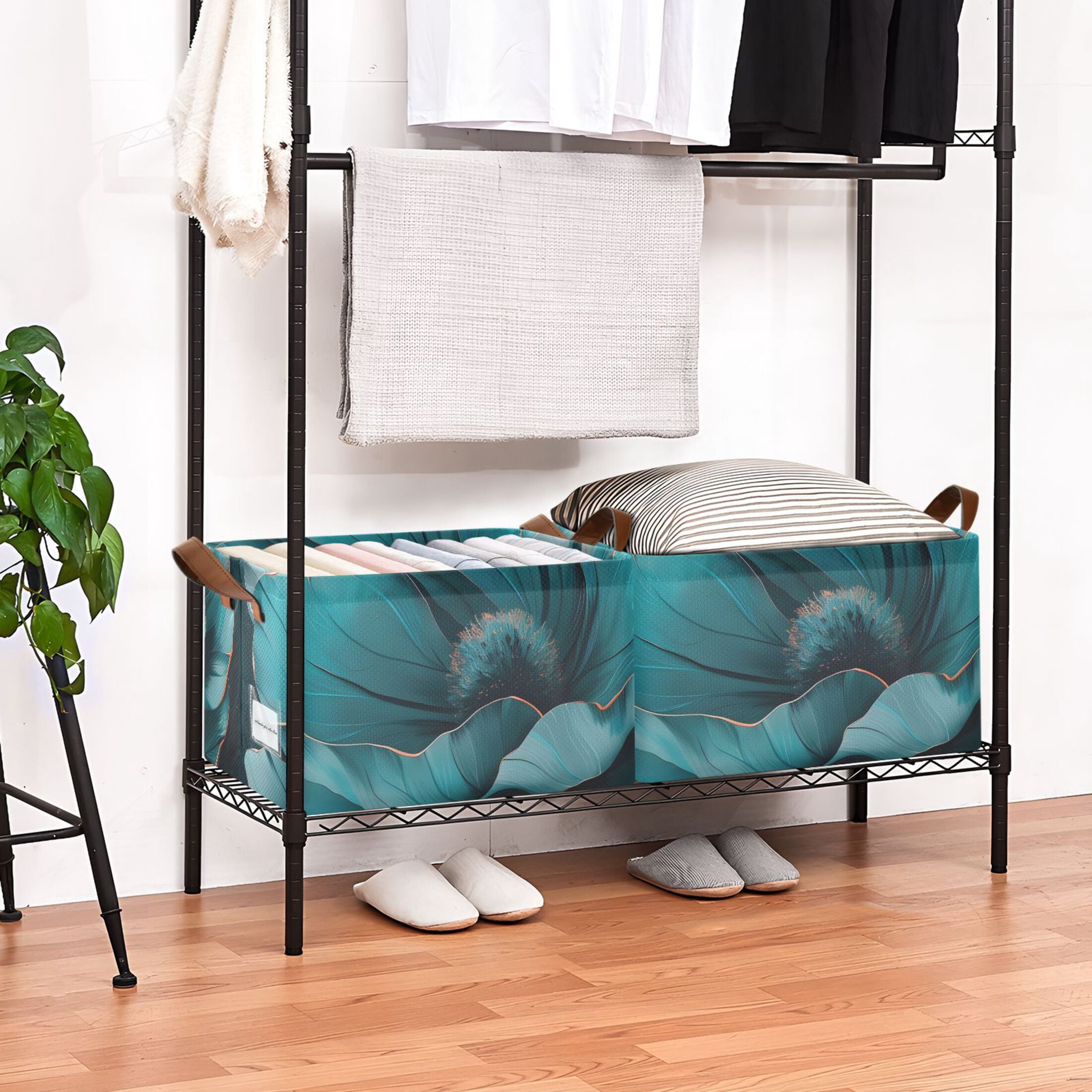 Ryvnso Teal Flower Storage Bins Large Basket Foldable Cube Toys Organizer with Handles 2 PCs