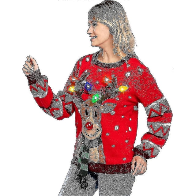 Womens Led Light Up Reindeer Ugly Christmas Sweater Built-in Light Bulbs