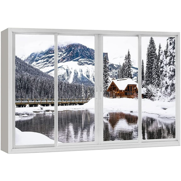 wall26 Canvas Print Wall Art Window View Winter Snow Mountain Range Cottage Wilderness Nature Photography Realism Scenic Landscape Colorful Multicolor for Living Room, Bedroom, Office - 32"x48&q