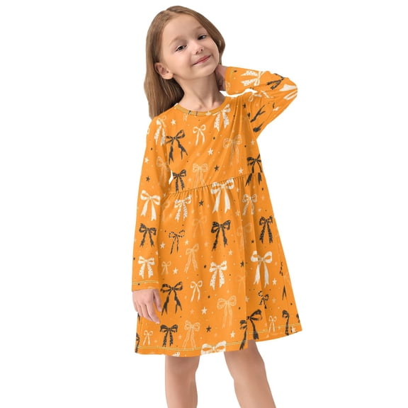 Girls Dress Soft Casual Long Sleeve Cute Dress for Girls Fashion Prints Halloween Bowknot Crew Neck