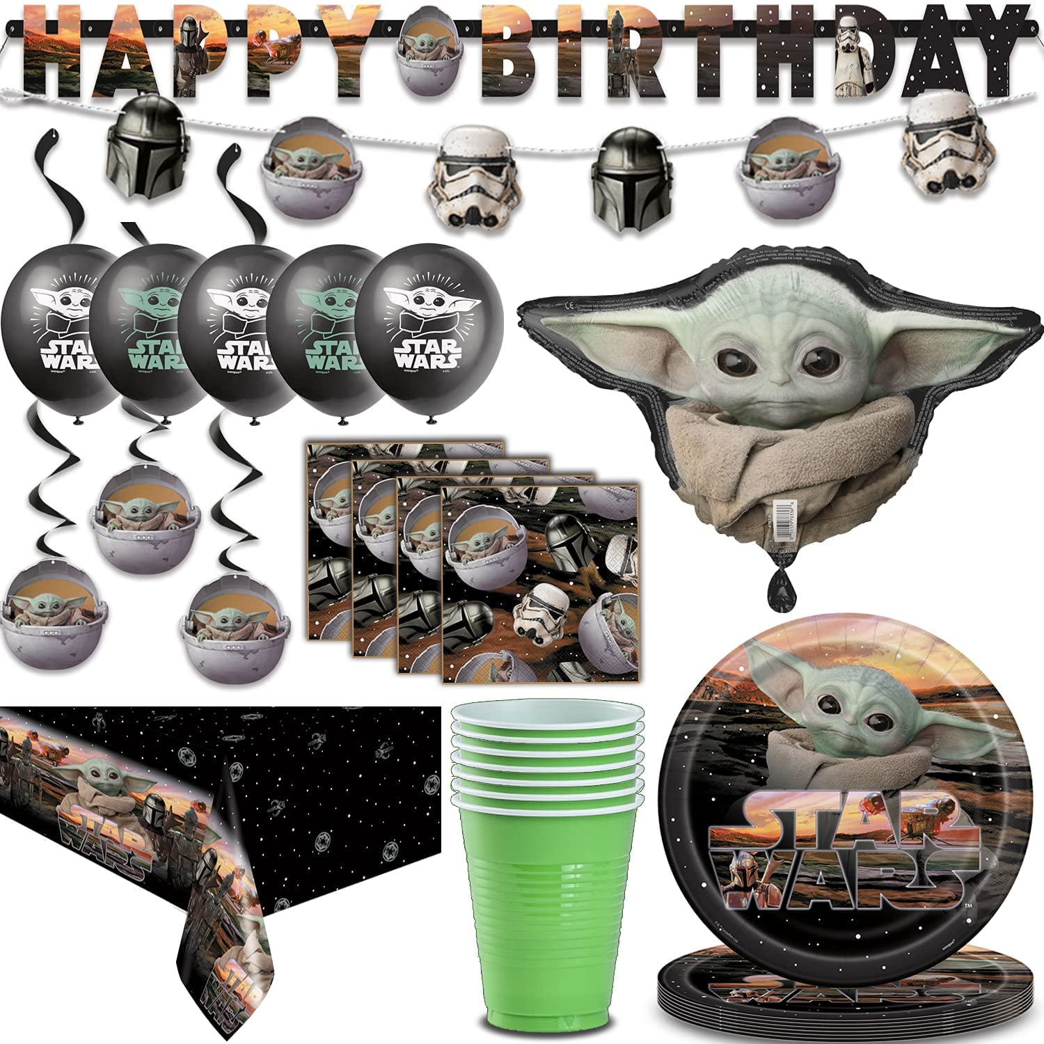 Baby Yoda Party Supplies For 16 Plates Napkins Cups Foil Baby Yoda Balloon Happy Birthday Banner Garland Banner Star Wars Balloons Table Cover Hanging Swirl Decorations Walmart Com Walmart Com