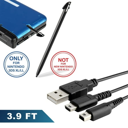 Insten Black 2 in1 USB Charging Cable+Black Stylus Pen For Nintendo 3DS XL