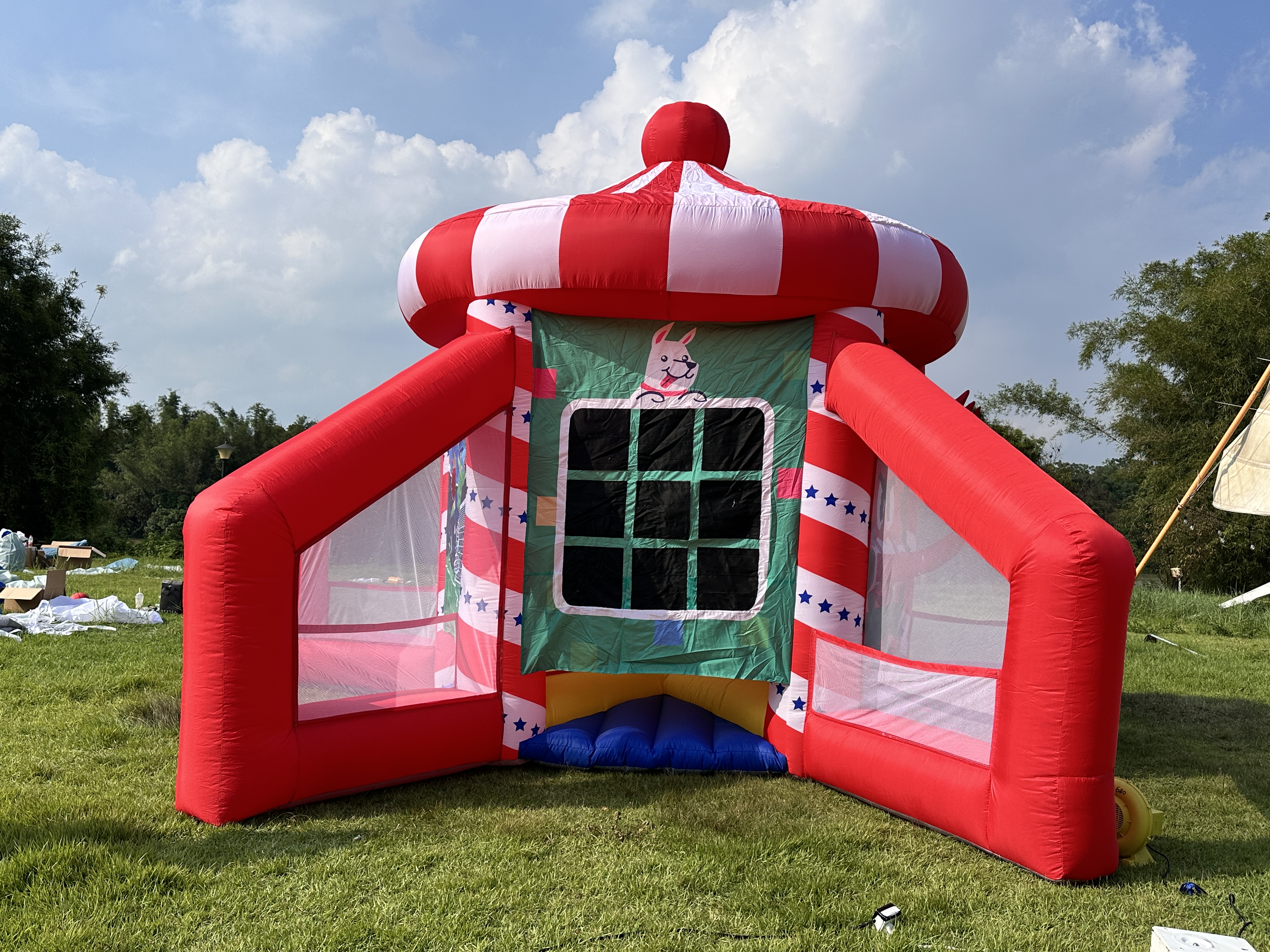 5-in-1 Inflatable Carnival Game House with Basketball Hoop, Soccer Goal, Target Toss & Dart Board for Kids Parties