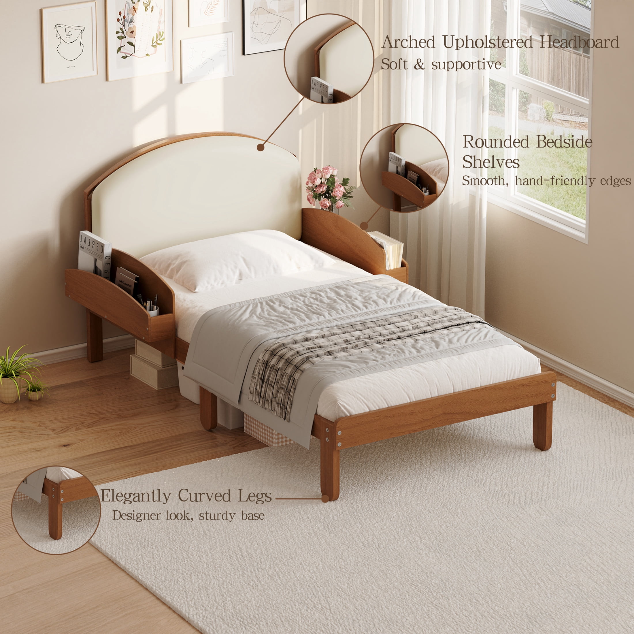 Noble House Twin Size Platform Bed with Curved Padded Headboard, Side Storage Shelves, Light Walnut