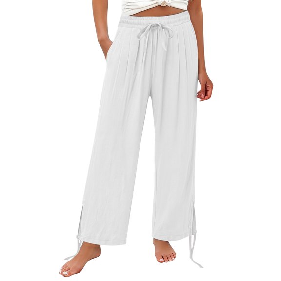 Arlun Summer Beach Linen Pants Women Lightweight Breathable Solid Color Leisure Trousers with Leg Split Tie Design Ladies Loose Comfort Front Pleated Holiday Bottoms White XL