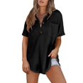 thumbnail image 1 of Top elegante para mujer, cuello en V, tejido gofrado con botones Henley Black, 1 of 6