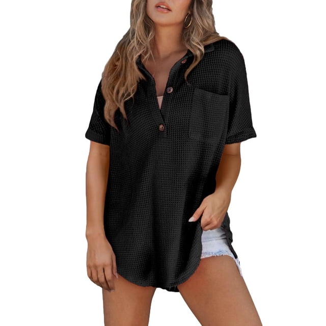 Top elegante para mujer, cuello en V, tejido gofrado con botones Henley Black