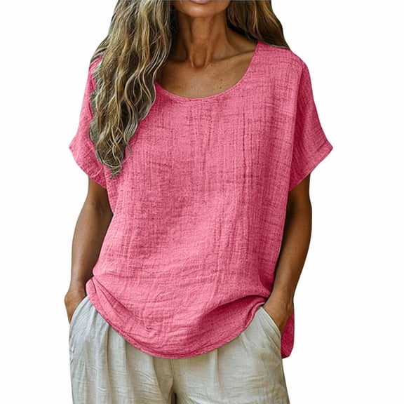 RQYYD Womens Round Neck Dolman Short Sleeve Blouse Casual Loose Fit Tunic Top for Daily Wear