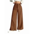 thumbnail image 2 of Corduroy Pants for Women Casual High Waisted One Buttoned Stretchy Loose Fit Wide Leg Pants with Pockets Light Brown S, 2 of 9