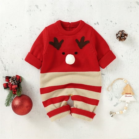 

FZM Christmas Boy Girl Christmas Deer Pompom Knitted Sweater Baby Striped Jumpsuit Romper Cotton 1 Piece Xmas Outfits Clothes