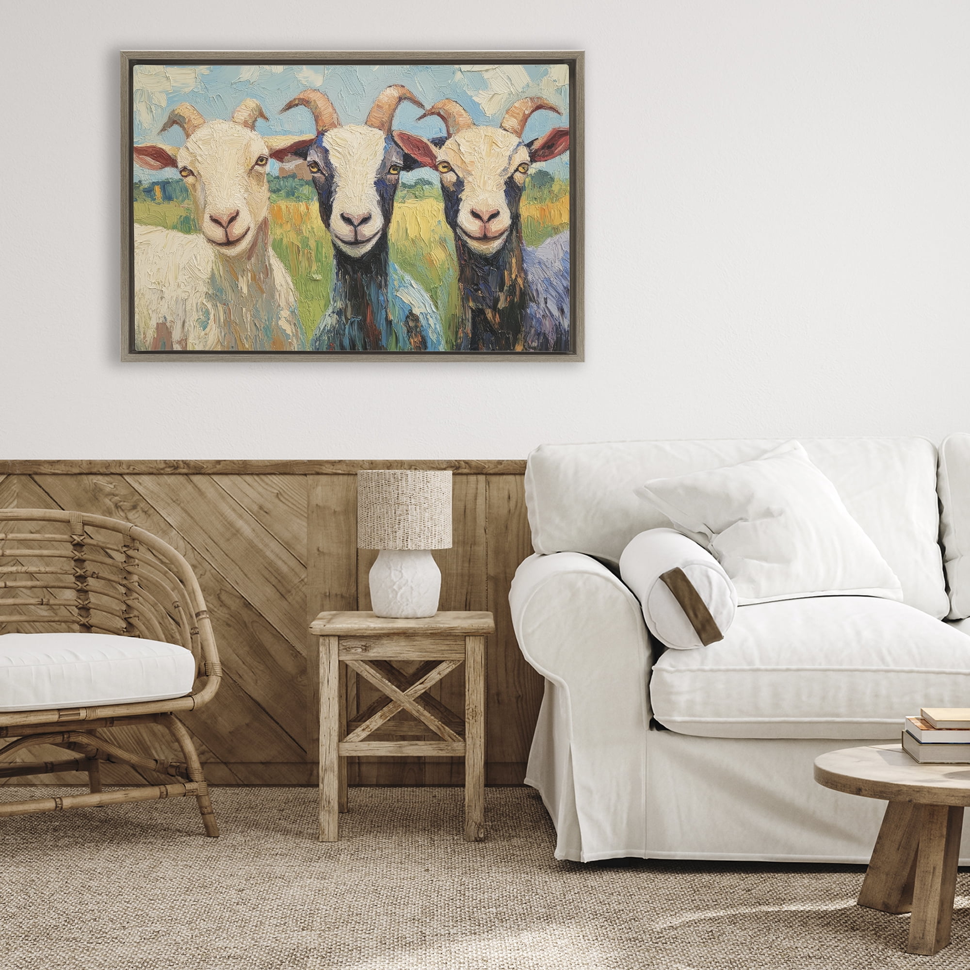 Stupell Industries Billy Goats in Bright Pasture Brown Framed Floater Canvas Wall Art, design by Petal Prints Design