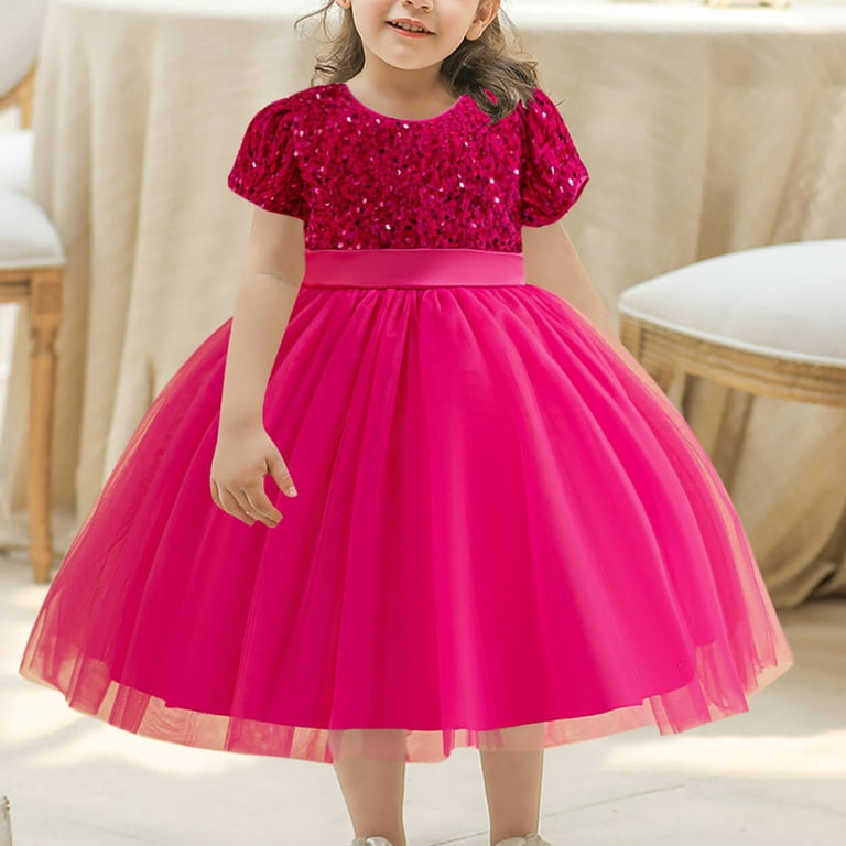 ameIAEA Girls Sequin Tulle Dress Kids Short Sleeve Crewneck
