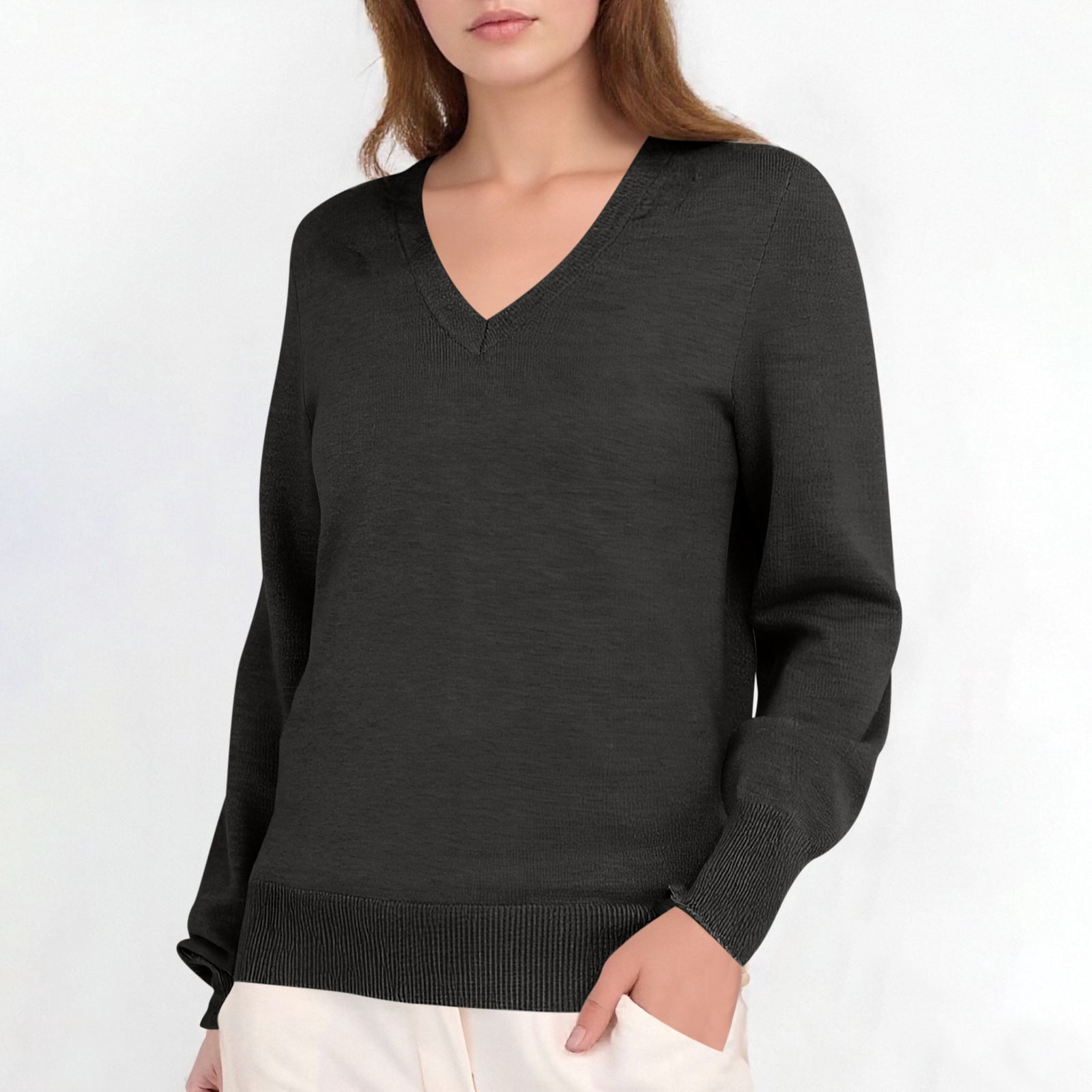 Hvot&aat Womens Solid Color Knitting Sweater Long Sleeve V Neck Classic Pullover Soft Lightweight Tops