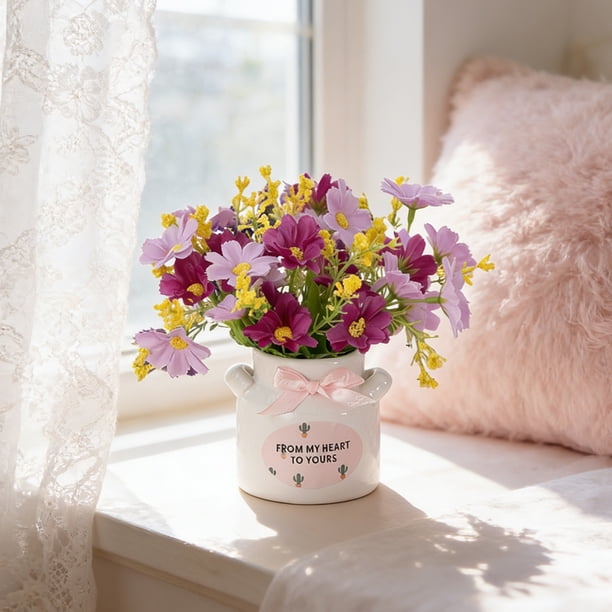 Bonsái de flores artificiales con maceta de cerámica para decoración del hogar u oficina, centro de mesa de bajo mantenimiento, estantería y decoración de escritorio