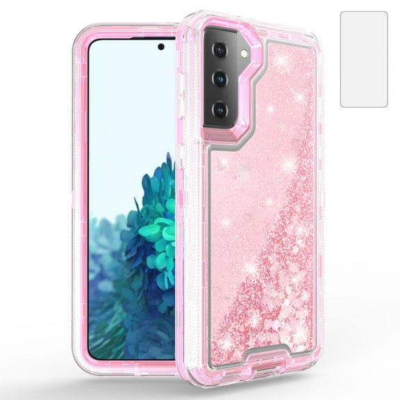 Compatible with Samsung Galaxy S22 5G 6.1 inch Phone Case Tempered Glass Screen Protector Bling Liquid Glitter Clear Hybrid Shockproof TPU Military Grade Protective Heavy Duty Cell Cover Women Pink