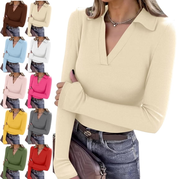 Kamentoy Women's V Neck Polo Shirts Long Sleeve Collared Business Fall Tunic Tops, Casual Ladies Polo, Knit Tee, Trendy Work Outfits, Golf Shirts