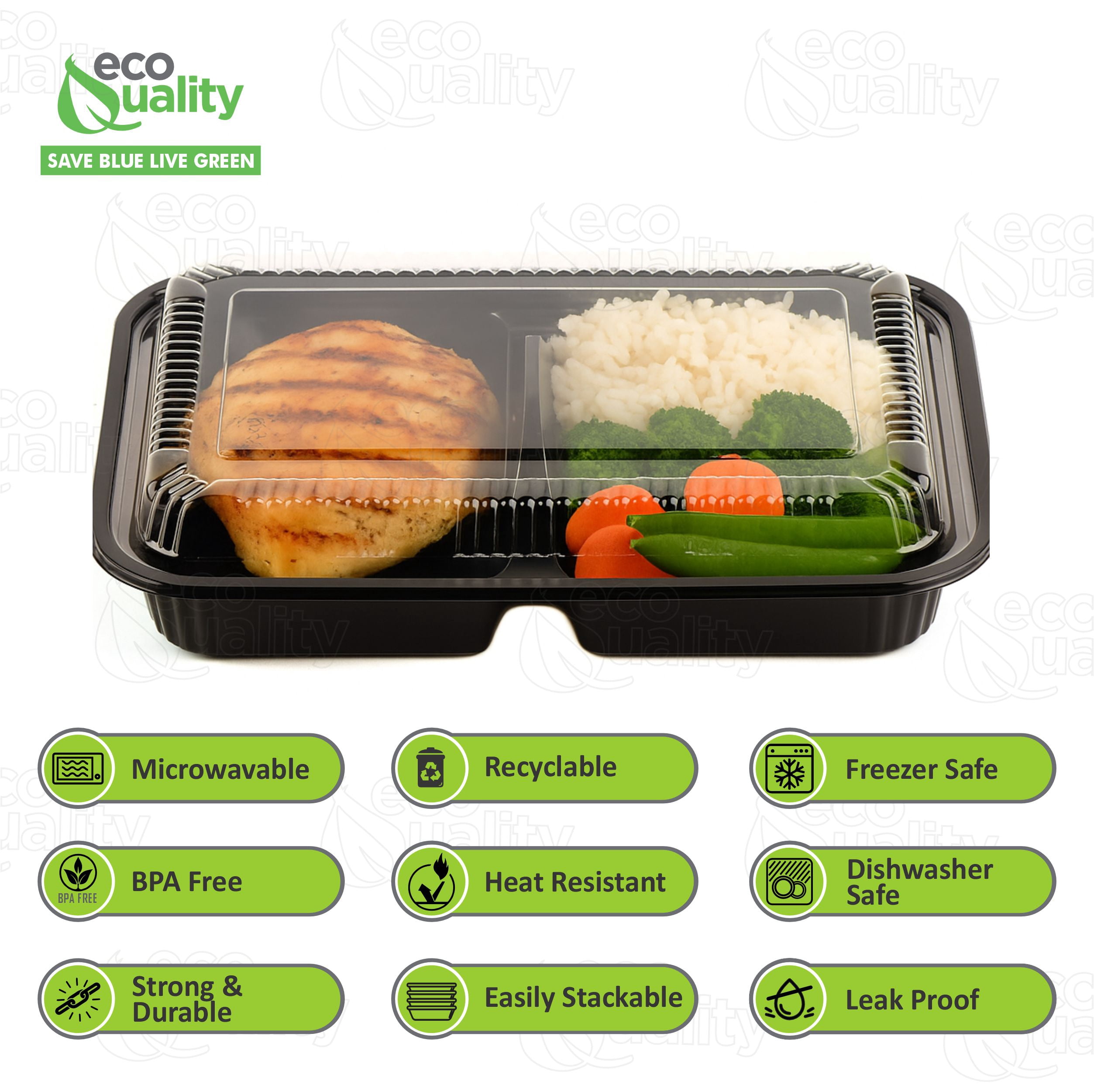 EcoQuality [45 Pack] 3 Compartment Black Disposable Container with Lids, Meal Prep Container, Food Storage Bento Box, Disposable, Stir Fry | Lunch Boxes | BPA Free