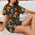 thumbnail image 4 of Gukieu Halloween Skull Print Women's Short-sleeved Pajama Set, Round Neck Button Top Elastic Shorts 2-piece Set, Summer Home Leisure Clothing-4X-Large, 4 of 6